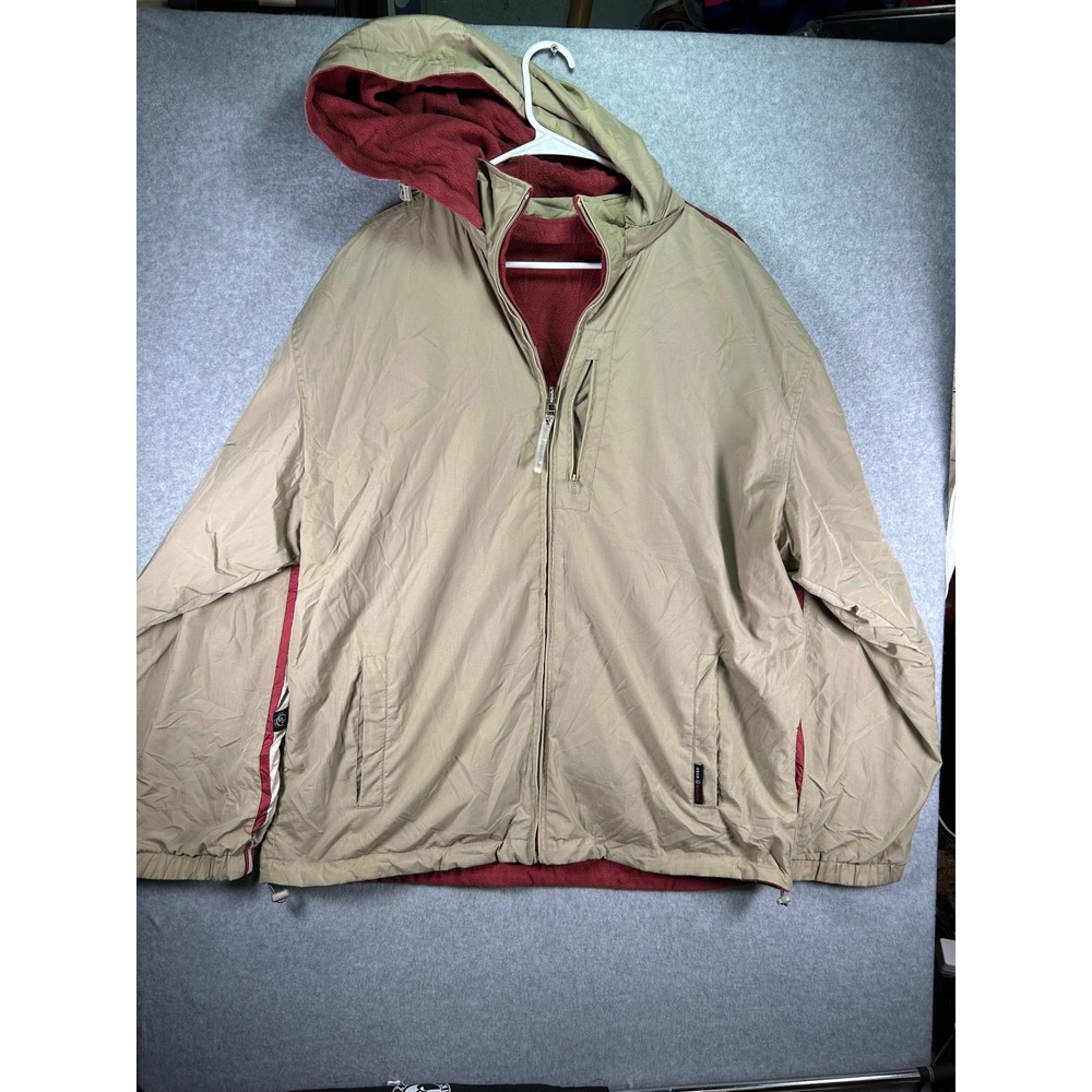 Stain*Baleno Reversible Men XL Tan Fleece Lined Hooded Jacket Burgundy stripe